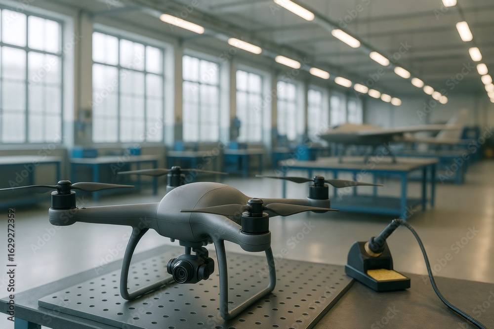 Fototapeta premium Professional drone standing on a table in a bright factory or laboratory