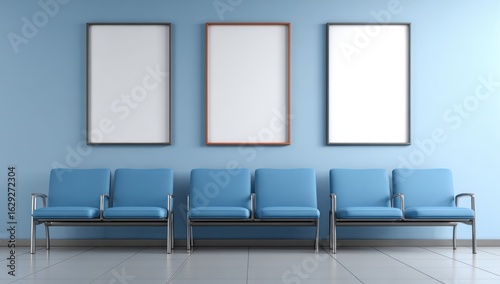 Serene Blue Waiting Room with Empty Chairs and Three Blank Poster Frames