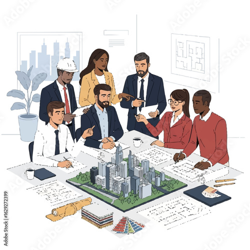 A diverse team of architects and designers collaborate around a table, reviewing a miniature cityscape model and blueprints, planning urban development and construction projects.