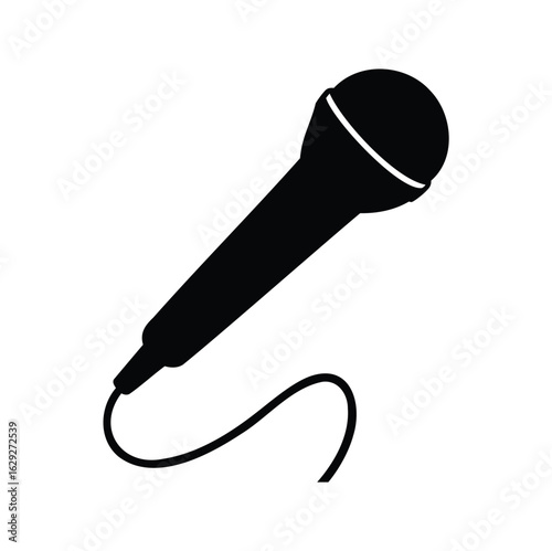 A black and white digital illustration of a dynamic microphone with cable