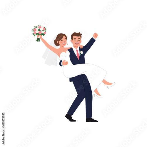 Happy groom carrying his beautiful bride in his arms after the wedding ceremony. Joyful newlywed couple celebrating their marriage.