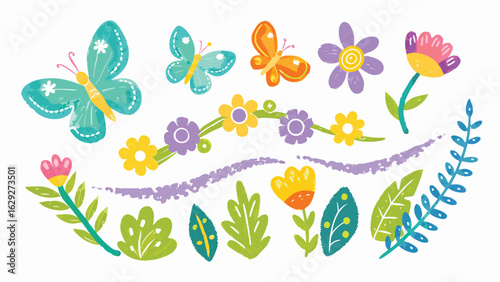 Illustration of butterflies, flowers, leaves, and a floral headband with a watercolor style effect