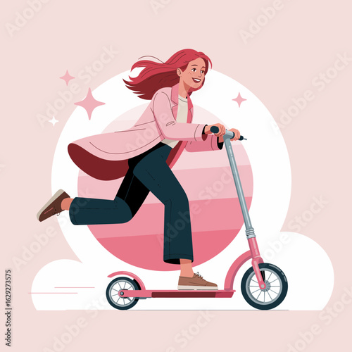 A young woman in stylish attire is riding a pink scooter, radiating joy and freedom while expressing a vibrant lifestyle in an energetic and lively setting.
