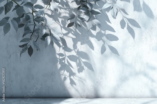 Serene Light and Shadow Play of Delicate Leaves Against Textured Wall