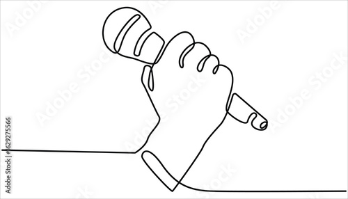 
Continuous one line drawing of hand holding news microphone. Journalist, reporter concept, Continuous line art drawing of hand holding microphone. This minimalist illustration represents a TV news.