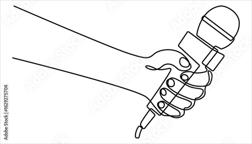 
Continuous one line drawing of hand holding news microphone. Journalist, reporter concept, Continuous line art drawing of hand holding microphone. This minimalist illustration represents a TV news.