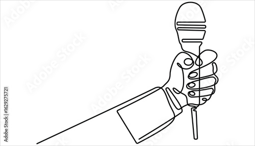
Continuous one line drawing of hand holding news microphone. Journalist, reporter concept, Continuous line art drawing of hand holding microphone. This minimalist illustration represents a TV news.