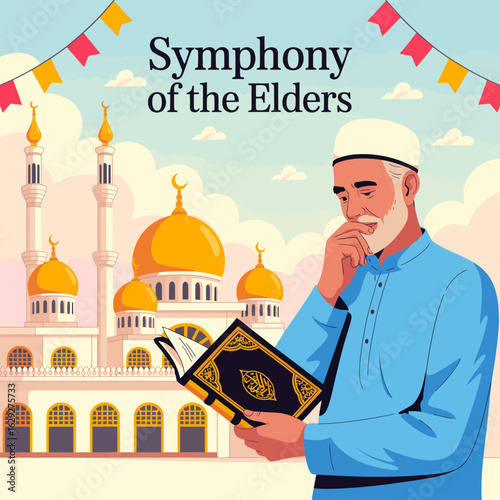 An elderly man, pondering with a book in hand, stands in front of grand mosques, showcasing the connection between knowledge, spirituality, and serene architecture.