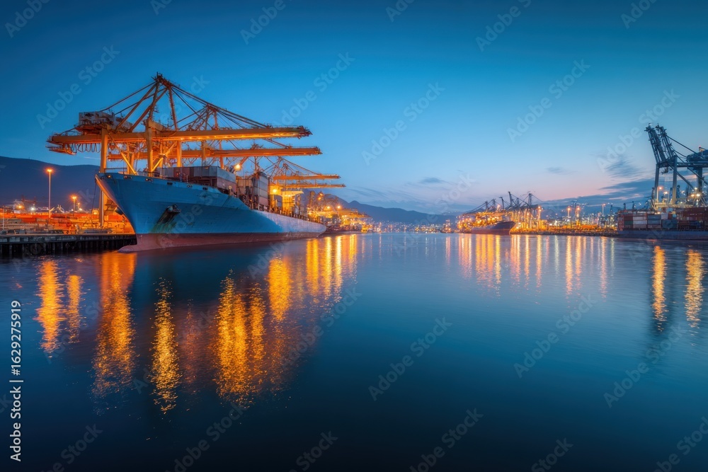 Fototapeta premium Serene Twilight Over an Industrial Harbor with Glowing Cranes and Reflections
