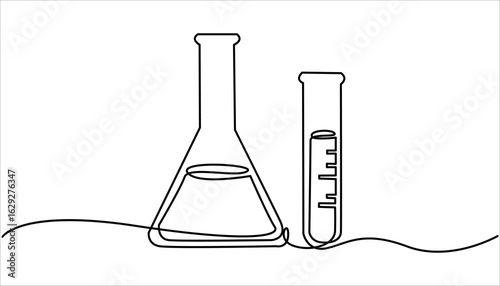 Lab experiment tools in continuous single one line art drawing. Minimalist glassware for laboratory research. Chemical lab flask, Laboratory test tube in continuous one line drawing. Editable vector.