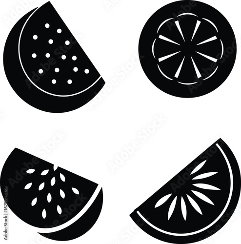 A collection of monochrome fruit icons with sliced watermelon and citrus fruit wedges for design