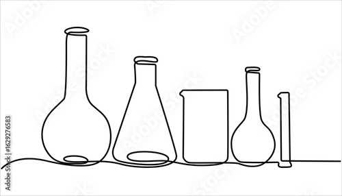 Lab experiment tools in continuous single one line art drawing. Minimalist glassware for laboratory research. Chemical lab flask, Laboratory test tube in continuous one line drawing. Editable vector.