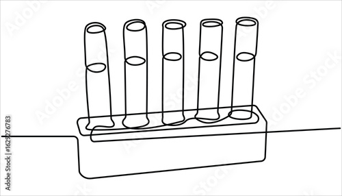 Lab experiment tools in continuous single one line art drawing. Minimalist glassware for laboratory research. Chemical lab flask, Laboratory test tube in continuous one line drawing. Editable vector.