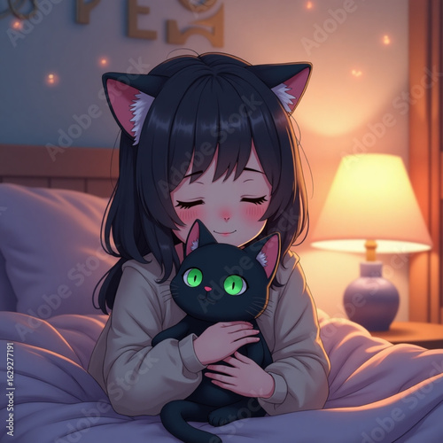 Anime-Style Cat Girl Gently Holding Black Cat in Twilight-Lit Cozy Room, Soft Pastel Vector