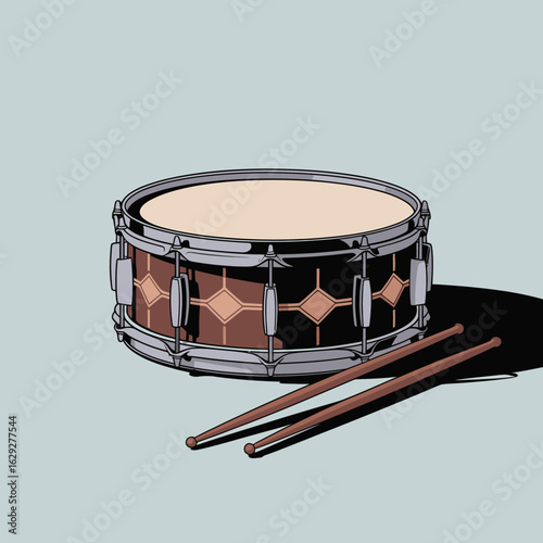 A beautifully illustrated snare drum with drumsticks, capturing the artistry of musical instruments, suitable for music-themed designs or product showcases.