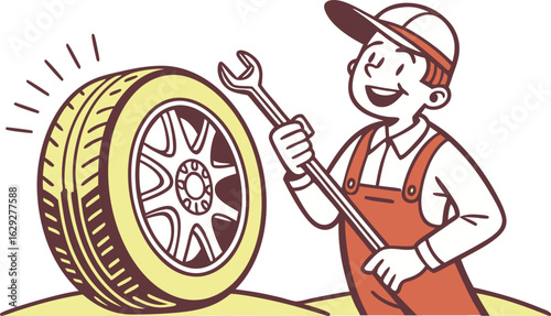 Cheerful mechanic happily holding wrench next to car wheel ready for service vector.