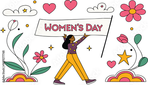Empowered women marches proudly holding Women's Day flag surrounded by vibrant flowers and stars vector..
