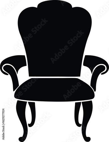 Black vector silhouette of a classic armchair with ornate legs. Vintage furniture icon.