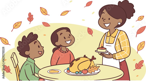 Joyful family celebrates autumn feast with roasted turkey and sweet pie vector.