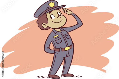 Friendly policeman salutes smartly, embodying dedication and service with a welcoming smile.