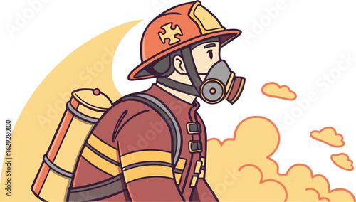 Brave firefighter in protective gear with mask and oxygen tank stands ready against smoke and flames vector.