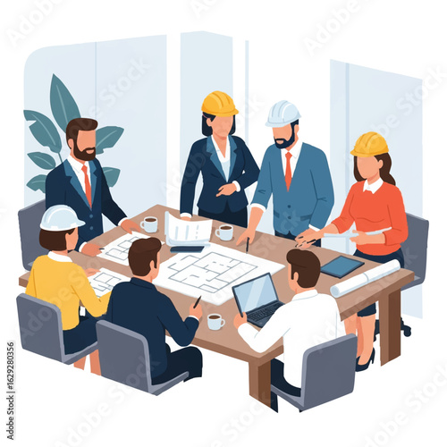 A diverse team of architects and engineers collaborates around a table, reviewing blueprints and discussing a construction project.