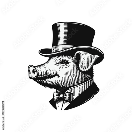 Pig in Top Hat and Bow Tie Illustration