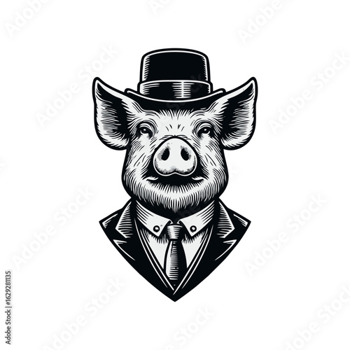 Pig in Suit and Hat Vintage Vector Illustration