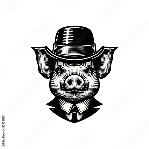 Pig in Suit and Hat Vintage Vector Illustration