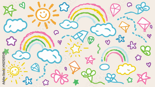 Hand drawn whimsical pattern featuring suns rainbows clouds stars hearts kites and diamond shapes on light background