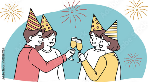 Joyful friends celebrating with drinks and  fireworks, wearing party hats for a festive occasion vector.