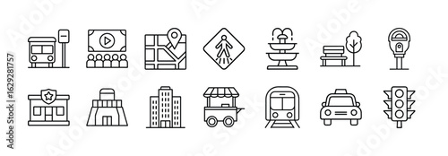 Vector line art city elements icons set including transportation buildings and street furniture