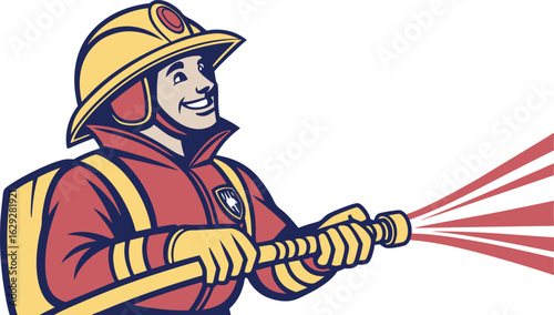 Brave firefighter sprays water with hose ready to protect and serve communities vector.