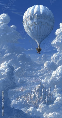 White hot air balloon, city, clouds