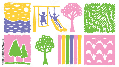 Colorful illustration of a playground with swings, slide, trees, and abstract patterns shown