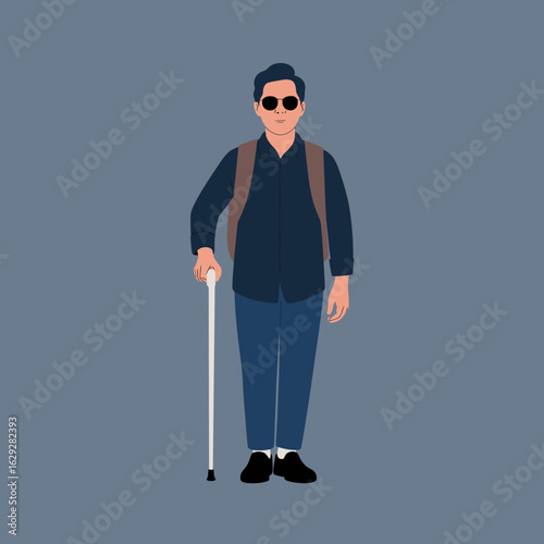 The graphic features a blind man with sunglasses and a cane in a standing pose, representing confidence, independence, and modern style, showcasing a relatable everyday scenario.