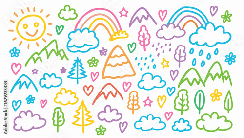 Whimsical doodle pattern featuring sun, rainbow, mountains, clouds, trees, hearts and stars art design