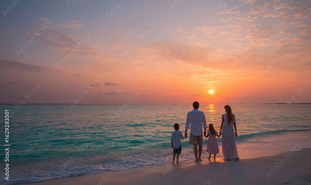 Fototapeta premium A family of four stands on the beach, holding hands and watching the sunset