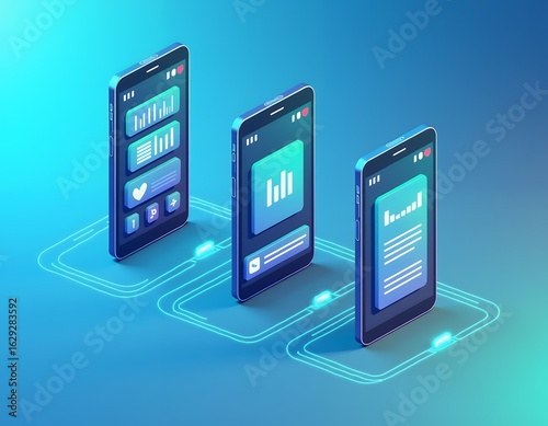 Isometric smartphones displaying financial data and charts mobile technology