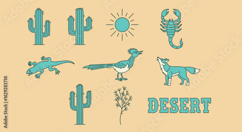 Vector illustration of illustration of desert wildlife with cactus, sun, and desert text