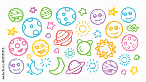 Colorful hand drawn space themed doodles featuring planets stars suns moons and smiley face orbs scattered