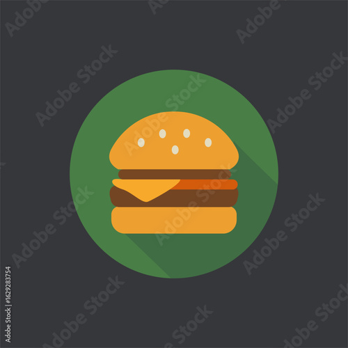 Flat burger icon for fast food, restaurant menu design, snack advertising, takeaway meal, and street food promotion in modern colorful vector style