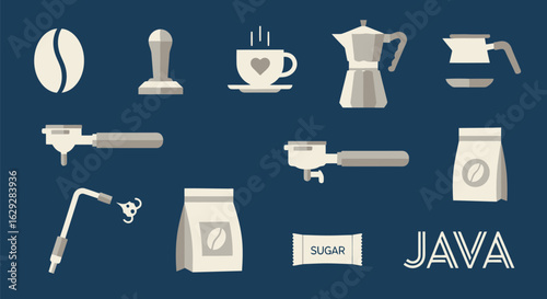 Vector illustration of coffee and java related objects on blue background, flat vector design