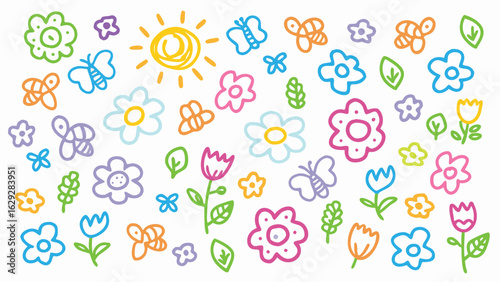 Colorful doodle pattern featuring flowers butterflies bees and sun in a playful design style