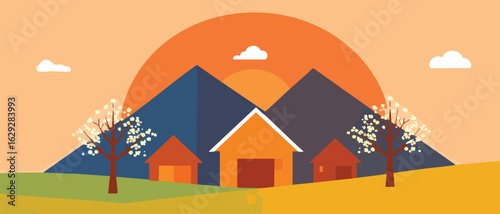 Autumn Sunset Over Homes and Mountains in a Tranquil Landscape Illustration