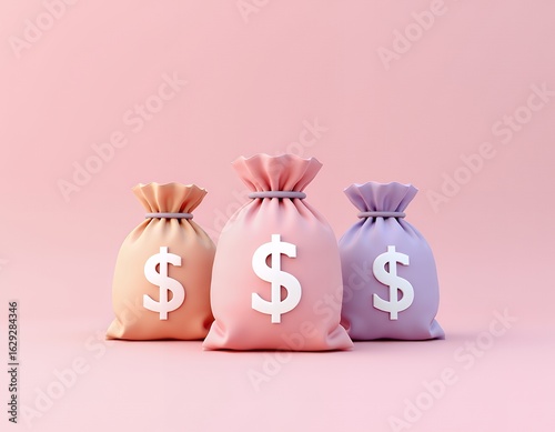Peach pink and lavender money bags with dollar signs financial wealth