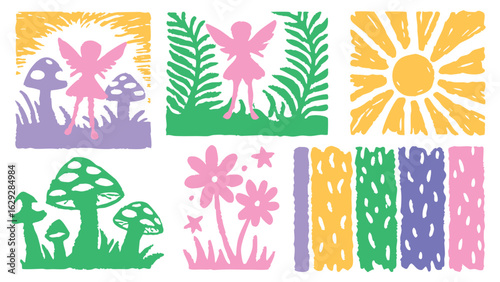 Colorful whimsical illustration featuring fairies mushrooms flowers and sunshine in a block print style