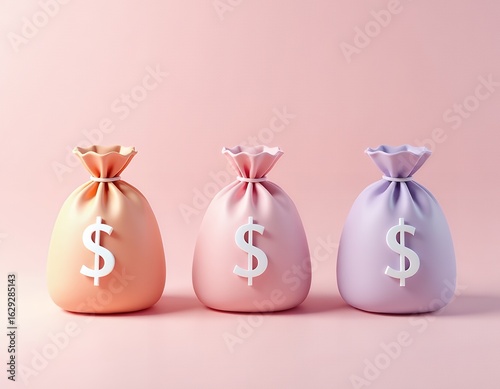 Three pastel money bags with dollar signs pastel colors peach