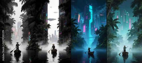 Futuristic Cyberpunk Jungle River Scene with Boatman