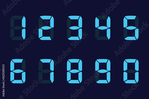 Digital display of black numbers in seven-segment style, including scoreboard, clock, stopwatch, calculator, and electronic meter icons.